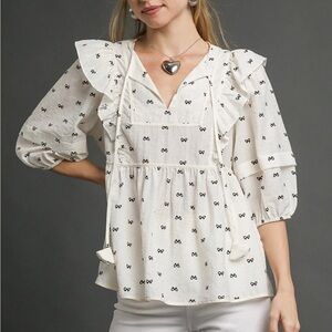 NWT UMGEE Bohemian Cream Bow Pattern Tie Top S M L